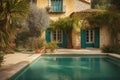 mediterrnean house exterior with garden and swimming pool, close-up Royalty Free Stock Photo