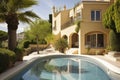 mediterrnean house exterior with garden and swimming pool, close-up Royalty Free Stock Photo