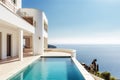 mediterrnean house exterior, with view of the sea or pool in the background Royalty Free Stock Photo