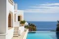 mediterrnean house exterior, with view of the sea or pool in the background Royalty Free Stock Photo
