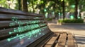 A medium closeup image of a park bench equipped with smart sensors tracking usage and environmental parameters. Vivid