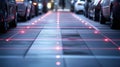 A medium closeup of a parking space grid illuminated by smart sensors with visual indicators marking occupancy status