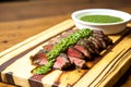 Medium flank steak sliced on wooden board with green sauce Royalty Free Stock Photo
