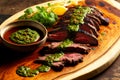 Medium flank steak sliced on wooden board with green sauce Royalty Free Stock Photo