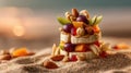 Medium frame highlighting a colorful arrangement of nutrientpacked hummus mixed nuts and fruit kebabs on a sandy surface Royalty Free Stock Photo