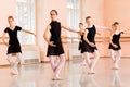 Medium group of teenage girls practicing ballet moves