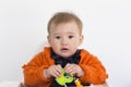 Medium horizontal shot of adorable fair toddler girl sitting in high chair holding colourful toy