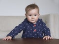 Medium horizontal shot of adorable fair toddler girl smiling proudly while standing