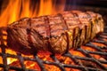 medium rare asado steak highlighted in grill flames