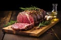 medium-rare beef roast with garlic and rosemary on a rustic wooden board Royalty Free Stock Photo