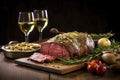 medium-rare beef roast with garlic and rosemary on a rustic wooden board Royalty Free Stock Photo