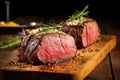 medium-rare beef roast with garlic and rosemary on a rustic wooden board Royalty Free Stock Photo