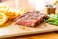 medium rare beef steak with vegetable and french fries Royalty Free Stock Photo