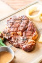 medium rare beef steak with vegetable and french fries Royalty Free Stock Photo