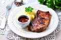 Medium rare grilled Beef steak with mashed potatoes and barbecue sauce Royalty Free Stock Photo