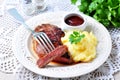 Medium rare grilled Beef steak with mashed potatoes and barbecue sauce Royalty Free Stock Photo