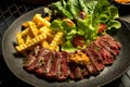 Medium rare grilled delicious ribeye steak slices and potato salad Royalty Free Stock Photo