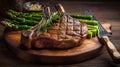 Medium rare grilled Tomahawk beef steak with asparagus