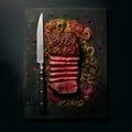 Medium rare juicy sliced New York steak served on a black cutting board with red onions, herbs and meat knife on a black Royalty Free Stock Photo