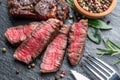 Medium rare Ribeye steak with herbs on graphite board Royalty Free Stock Photo