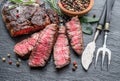 Medium rare Ribeye steak with herbs on graphite board Royalty Free Stock Photo
