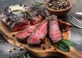 Medium rare Ribeye steak with herbs and a piece of butter on the wooden tray Royalty Free Stock Photo