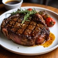 Medium rare Ribeye Steak with truffle butter and herbs, garnished with rosemary spig, served with baked cherry tomatoes on white