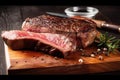 Medium rare ribeye steak on a wooden board. Generative AI Royalty Free Stock Photo