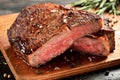 Medium Rare Ribeye steak on wooden board, selected focus