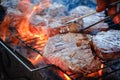 Medium rare sliced grilled striploin beef steak. Barbecue meat on the grill