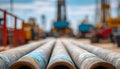 Medium shot capturing horizontal well corridor inside drilling site focusing on the drill pipes forward section with the Royalty Free Stock Photo