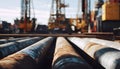 Medium shot capturing horizontal well corridor inside drilling site focusing on the drill pipes forward section with the Royalty Free Stock Photo