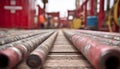 Medium shot capturing horizontal well corridor inside drilling site focusing on the drill pipes forward section with the Royalty Free Stock Photo