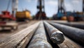Medium shot capturing horizontal well corridor inside drilling site focusing on the drill pipes forward section with the Royalty Free Stock Photo