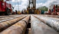 Medium shot capturing horizontal well corridor inside drilling site focusing on the drill pipes forward section with the Royalty Free Stock Photo
