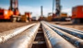 Medium shot capturing horizontal well corridor inside drilling site focusing on the drill pipes forward section with the Royalty Free Stock Photo