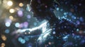 Medium shot capturing a motioncapture performer in sharp detail surrounded by streaming avatar visuals fading into bokeh Royalty Free Stock Photo