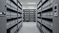 Medium shot capturing organized compact shelves tightly packed with climatecontrolled boxes highlighting artifact Royalty Free Stock Photo
