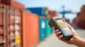 Medium shot capturing RFID tags being scanned on containers in a yard demonstrating advanced tracking and realtime Royalty Free Stock Photo