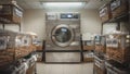 Medium shot capturing a staffonly laundry drying area with main dryer machine in sharp focus surrounded by outoffocus Royalty Free Stock Photo