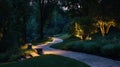Medium shot capturing subtle landscape lighting along a winding pathway integrating lowlevel lights with surrounding Royalty Free Stock Photo