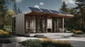 Medium shot of a compact netzero prefab microhome with solar panels prominently in focus ecofriendly design emphasized Royalty Free Stock Photo