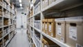 Medium shot of compact shelving rows in a climatecontrolled museum archive with focused boxed artifacts and blurred Royalty Free Stock Photo