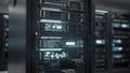 Medium shot of a data center rack with virtualized radio playout servers highlighted showing detailed running software Royalty Free Stock Photo