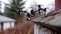 Medium shot of a drone navigating tight roof angles with highres camera technology focusing on identifying subtle cracks Royalty Free Stock Photo