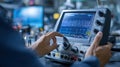 Medium shot of an engineer adjusting frequency settings on a digital oscilloscope optimizing signal clarity in a Royalty Free Stock Photo