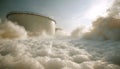 Medium shot of foambased fire suppression system activating over a storage tank with foam spreading rapidly while Royalty Free Stock Photo