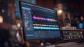 Medium shot focused on a digital audio workstation screen showing waveform edits surrounded by softly blurred studio Royalty Free Stock Photo