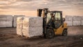 Medium shot of a forklift carefully transporting wrapped seed cotton modules in a yard with soft sunlight filtering Royalty Free Stock Photo