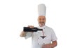 Chef tasting red wine and enjoying it on white background. Royalty Free Stock Photo